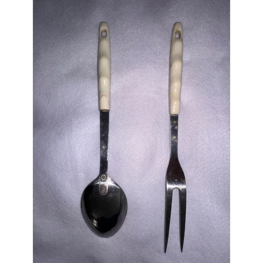 Vintage Household Japan Stainless‎ Steel Serving Spoon and Fork Blue Floral MCM